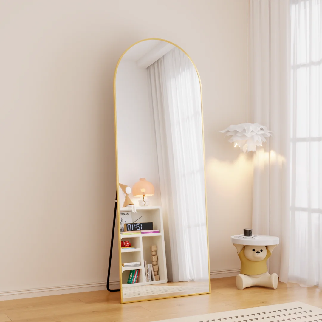 Factory Supply Tempered Glass Large Arched Metal Frame Wall Floor Full Length Dressing Unbreakable Mirror miroir espejo spiegel