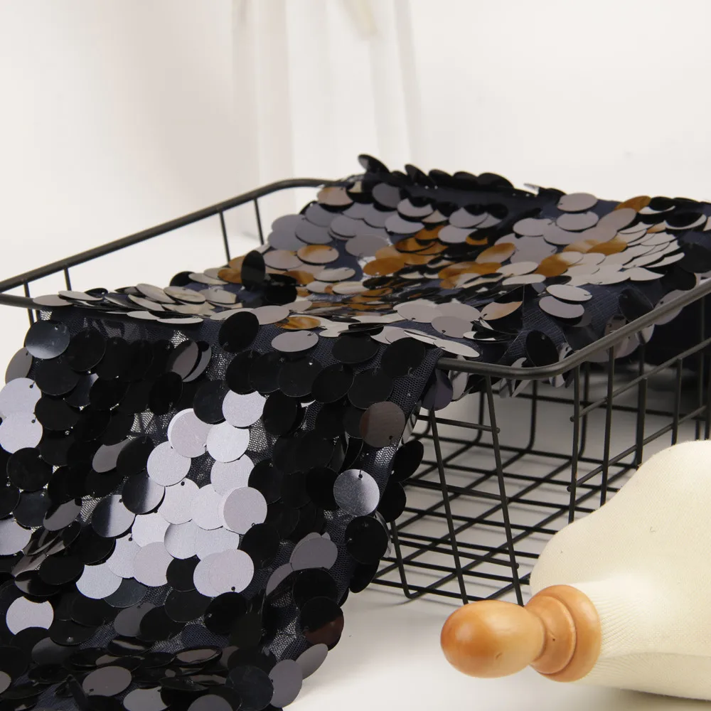 High Quality Dark blue Color 18mm Sequin Spangle Mesh Embroidered big sequence fabric for Teal Sequin Fashion Dress