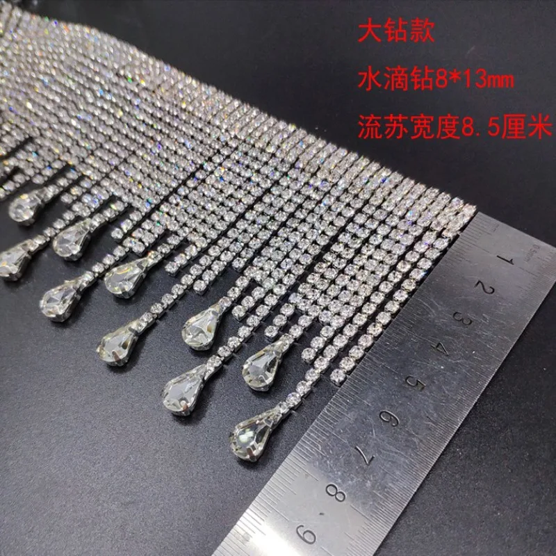 JFRT028 OEM Customized Welding Claw Crafts Crystal Rhinestone Fringe Trim Silver Long Tassel Garment Accessories