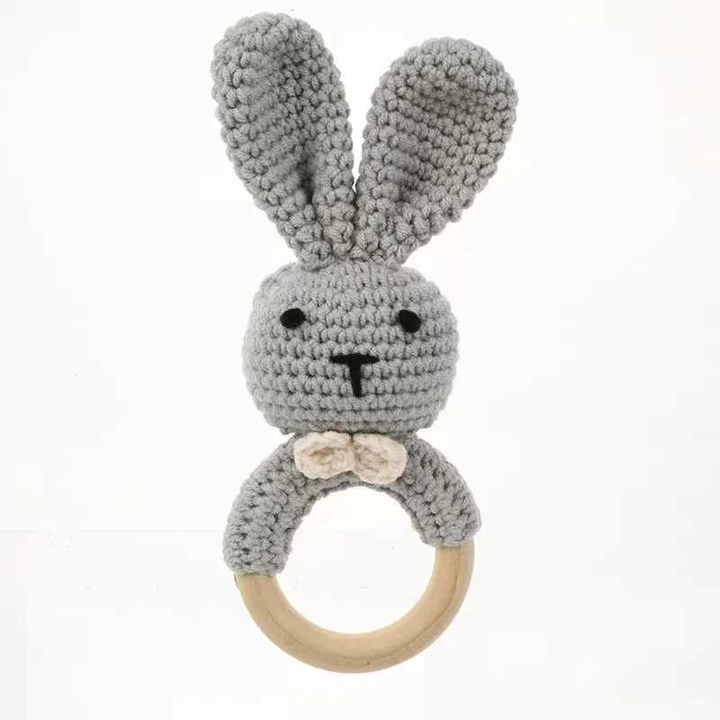 Customized Baby Rattle Crochet Bunny Rabbit Cartoon Rattle Toys Wooden Teether Rings Newborn Animal Rattle