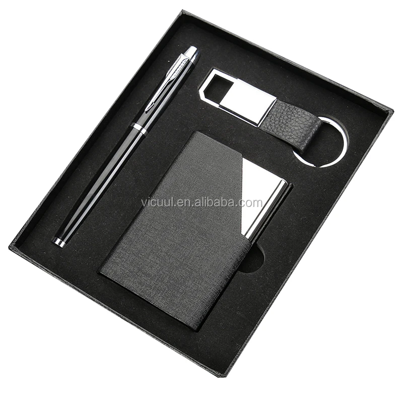 Leather Business Card Holder Pen and Keychain Corporate Gift Set