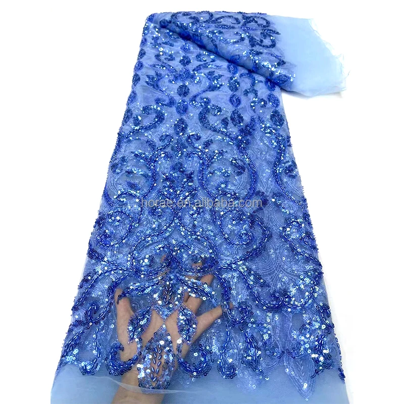 SF014 Wholesale Price Embroidery African Lace Mesh Fabrics Manufacturers 3D Heavy Beaded Sequin Fabric for Wedding Dress