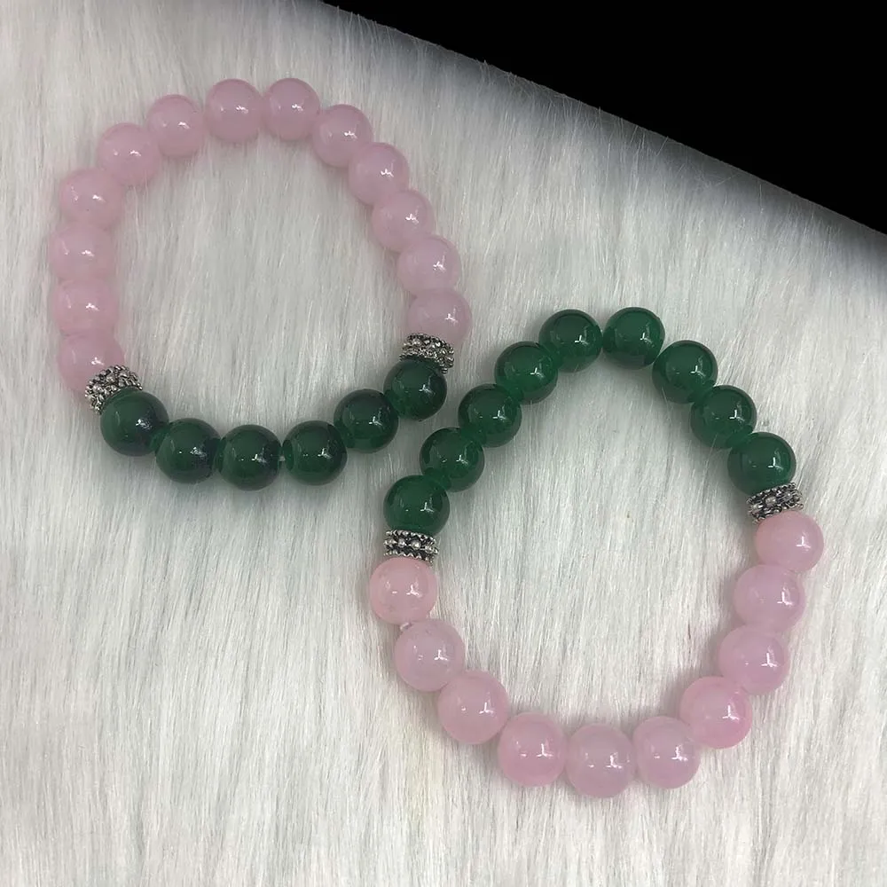 Handmade High Quality 2pcs Heavy Beads Greek Symbol Sorority Elastic Pink & Green Jade Bead Charms Bracelet Jewelry Set