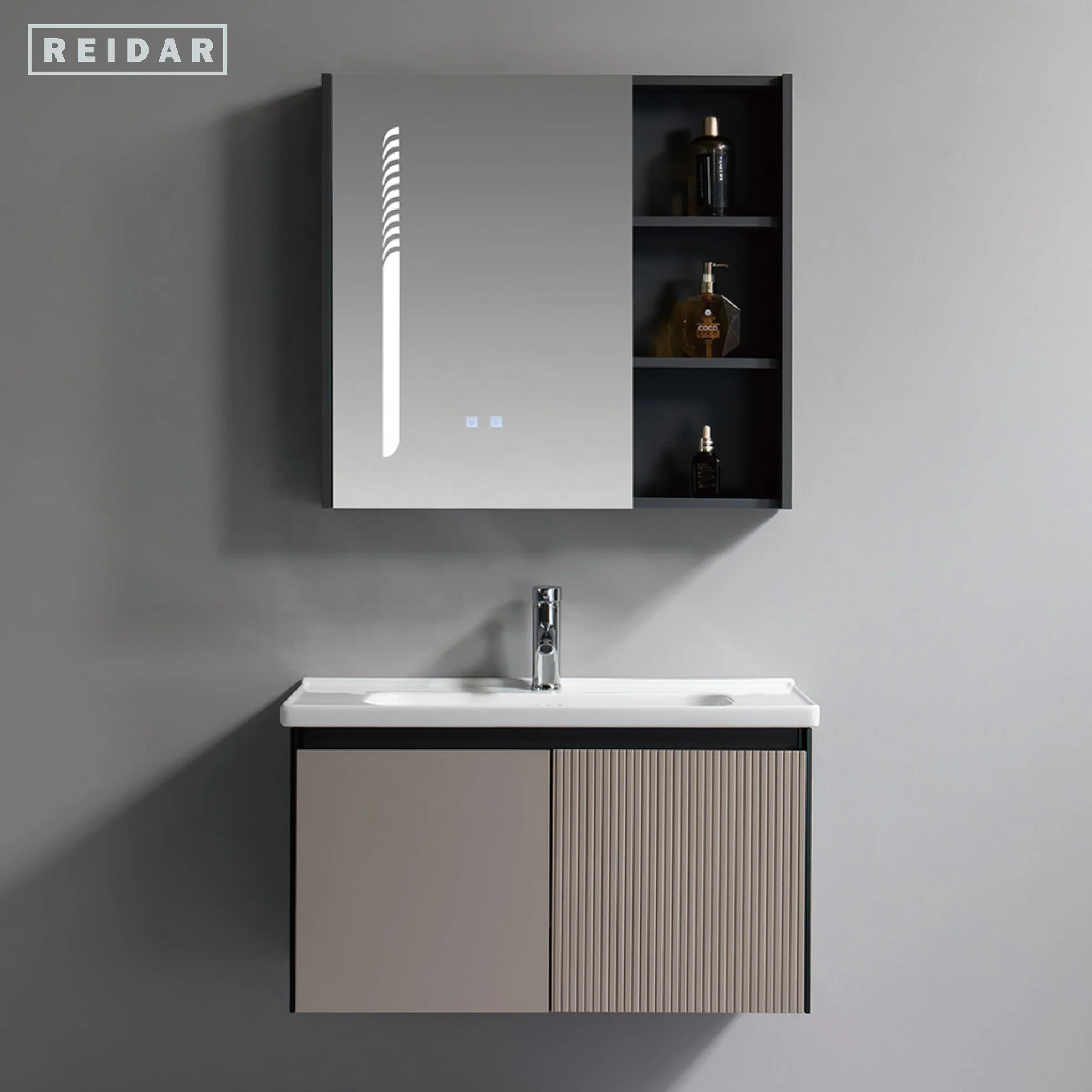 Light Luxury Single Basin Bath Cabinet Single Sink PVC Storage Bathroom Vanities With Countertop Hand Wash Basin With LED Mirror