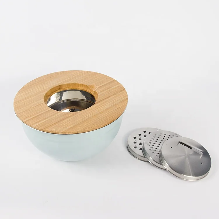 5 QT Airtight Lids Engraved Measuring Marks Non Slip Silicone Base Bamboo cover stainless steel mixing bowls with lid