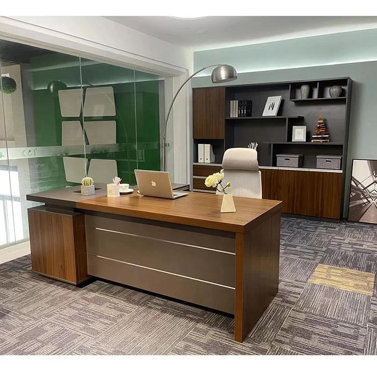 Traditional Style Single Person Executive Office Manager Desk With Walnut Veneer L Shape Wood Working Table For Home Office Use
