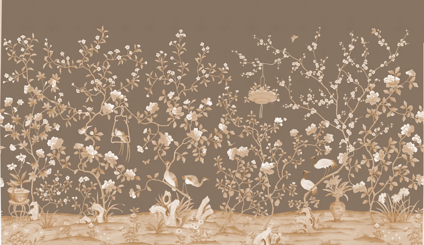 Luxury Interior Wall Decor Floral Long Tail Bird Design Silk Chinoiserie Handpainted Wallpaper