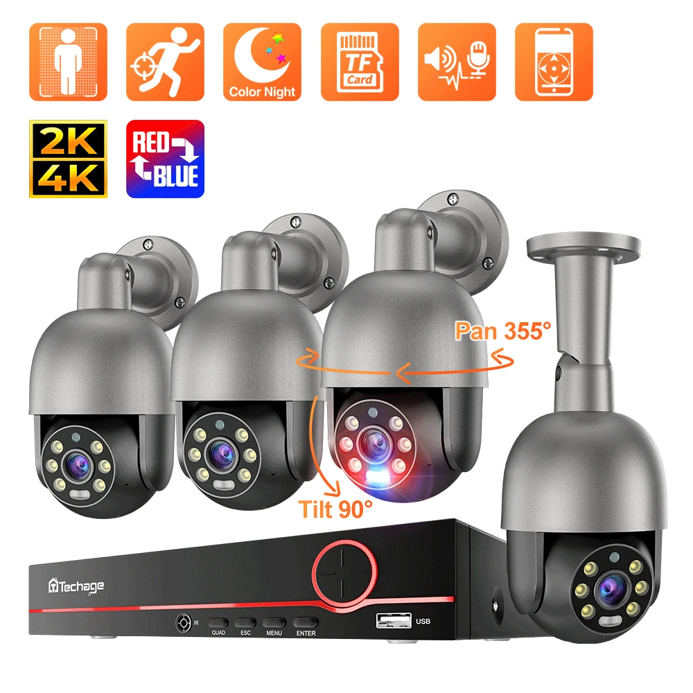 Techage PTZ 4K Outdoor CCTV Poe TF Card 8MP Network Camera H.265 Surveillance Camera System