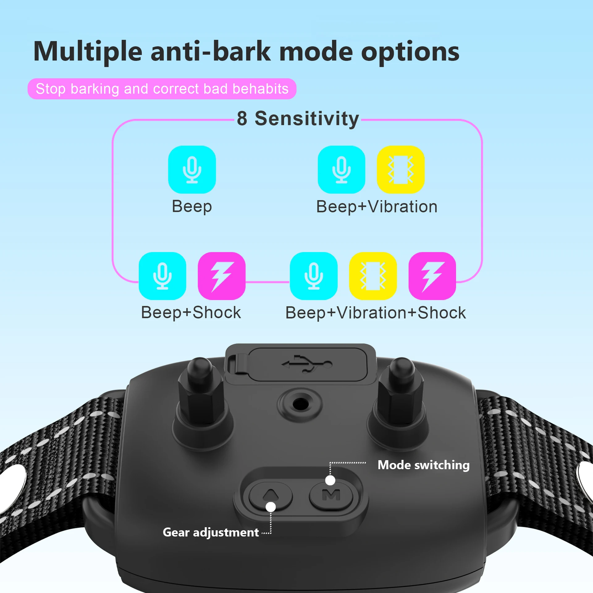 Waterproof Dog Anti-barking Collar Automatic Anti Bark Dog Collar Type C Rechargeable Dog Trainer Electric Shock Beep