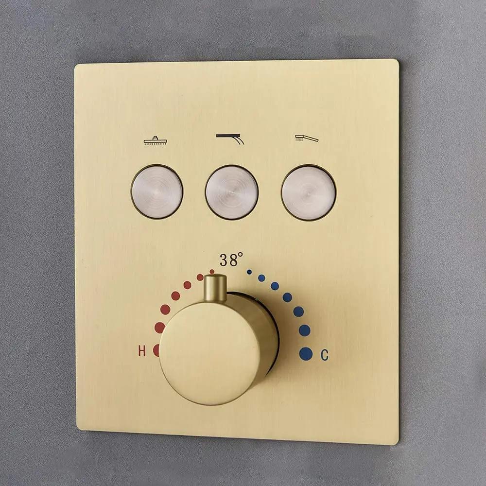 Brushed Gold Brass Shower Diverter 3 Way Mixer Thermostatic Valve Control