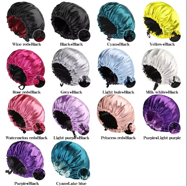 2024 New Reversible Sateen Sleeping Hat Women Fashion Elastic Hairdressing Cap Adjustable Buttons Solid Color Satin Shower Cap