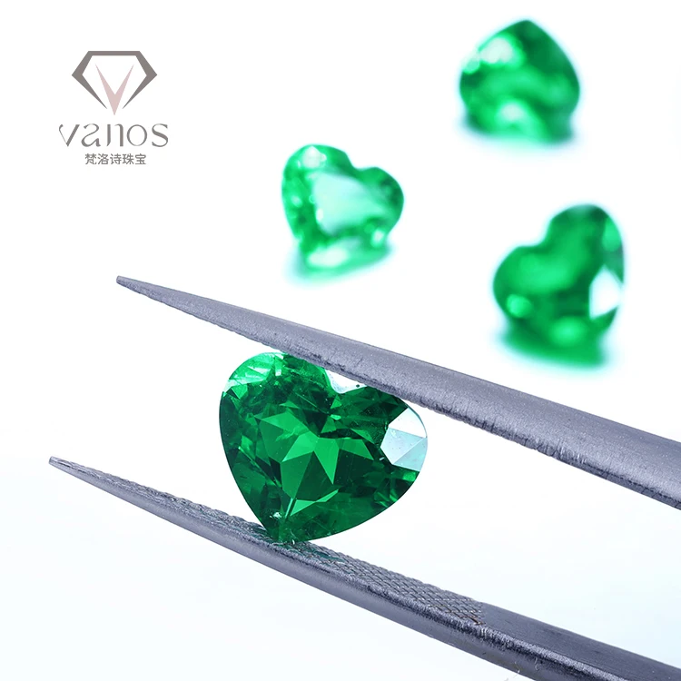 Vanos Jewelry Real certified fancy cut heart shaped lab grown emerald green loose gemstones with high quality