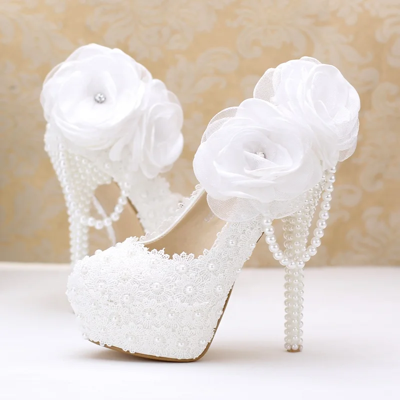 White Lace Floral Bridal Shoes Female Sandals Pearl Womens Block Heel for Ladies