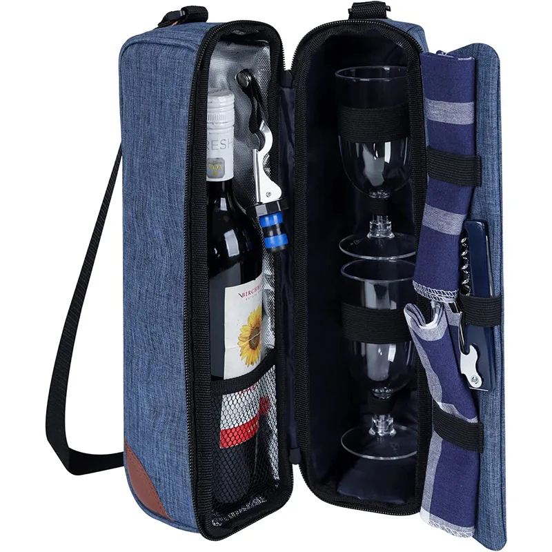Wine Tote Bag with Cooler Compartment Picnic Wine And Two Glasses Holder Carrier Bags For Wine Lovers Gift