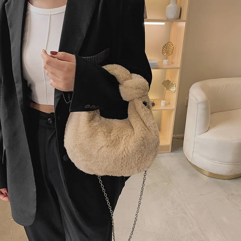 Fashion Winter Bags For Women Cute Furry Purse Leopard Print Handbags Lady Fuzzy Cow Shoulder Tote Women Fur Underarm Bags