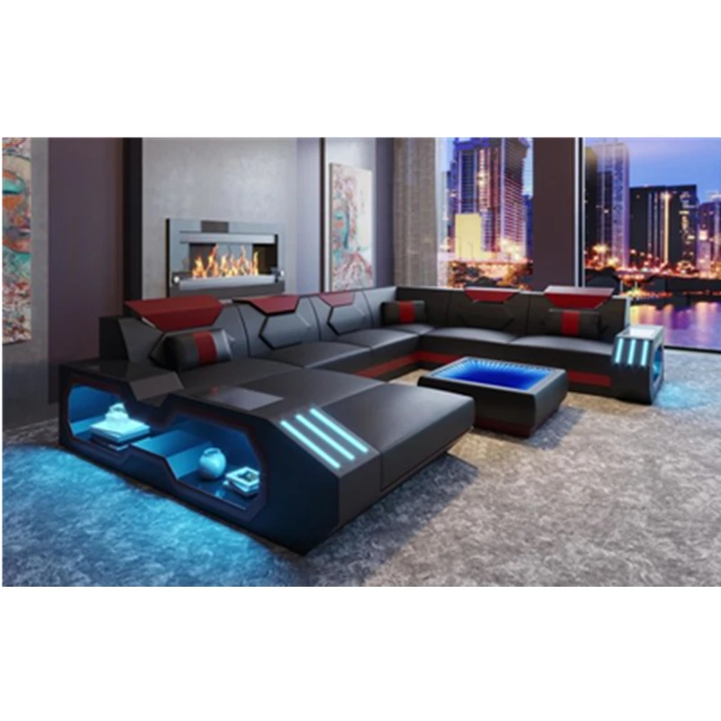 
JS4045 Luxury Italy Design Sectional Sofa Bed Modern LED Living Room Furniture Genuine Leather Sofas Sets 