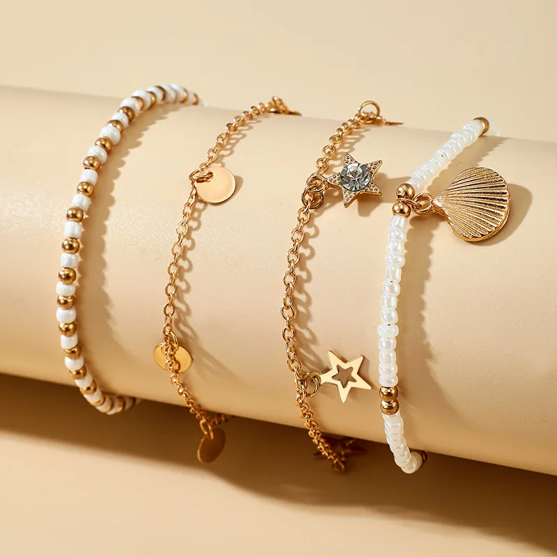 Hot Sale Good Quality Boho Jewelry Beaded Star Disc Pearl Shell Anklet Four Pieces Set
