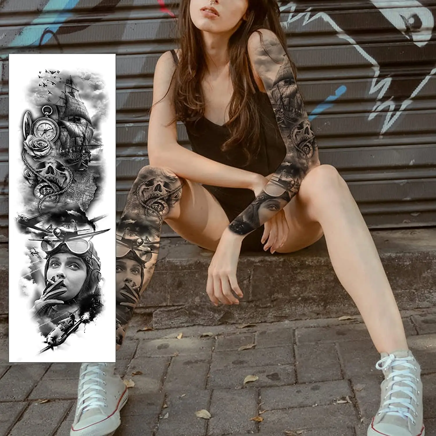 Free Samples Men Large Arm Sleeve Sexy Waterproof Temporary Tattoo Sticker Big Skull Flower  Full Arm Tattoo Stickers