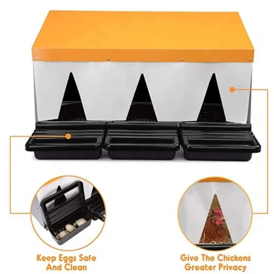 3 Compartment orange color chicken nest box  Laying Nest Easy Assembly with Removable Plastic Egg Collection Basket with curtain