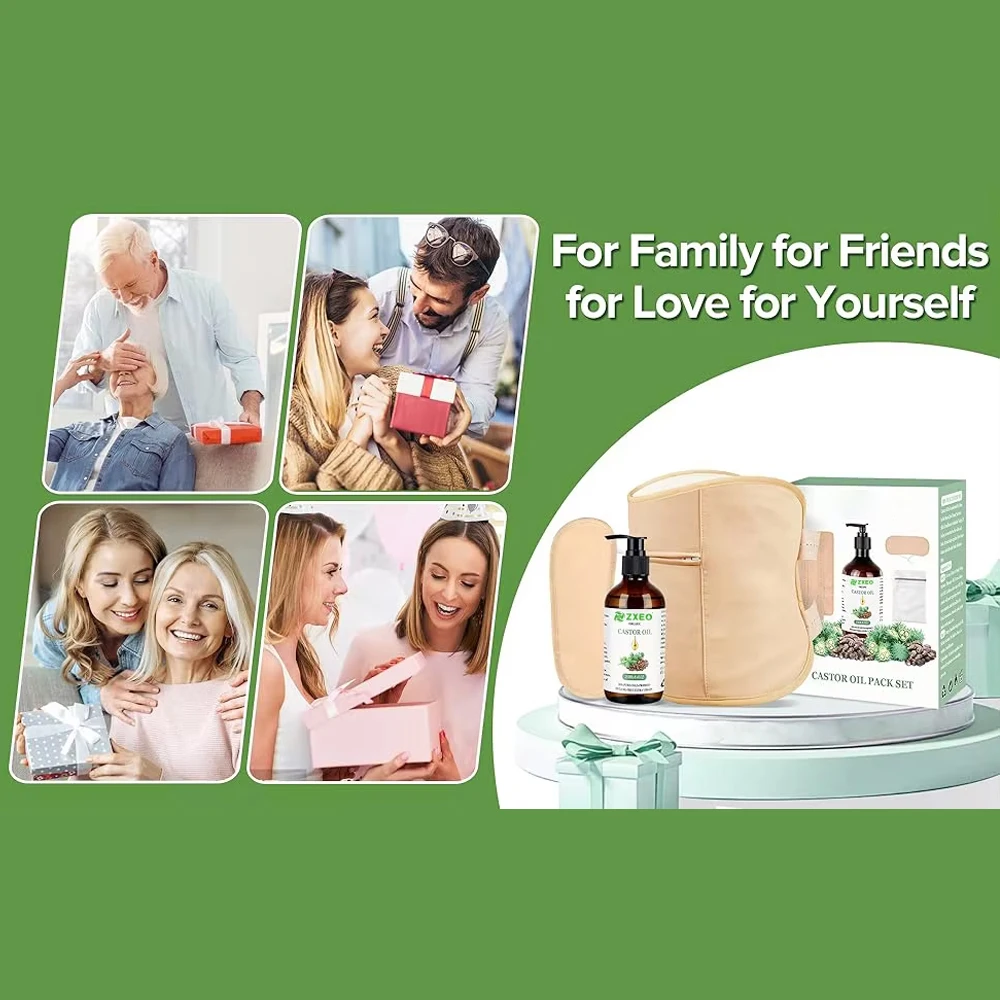 Cold Pressed Organic Castor Oil with Pack Wrap Organic Cotton, Castor Oil Unrefined Recyclable Bottle,Reusable Castor Oil Packs