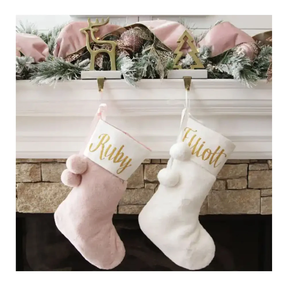 New Arrival Soft Pink White Santa Sock Sublimation Custom Christmas Stockings With Pom Pom
