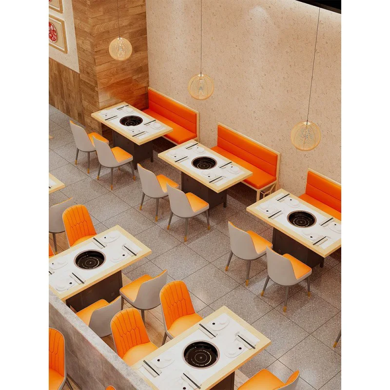 Solid wood rock plate hot pot table commercial barbecue restaurant restaurant Marble table and chair combination card seat