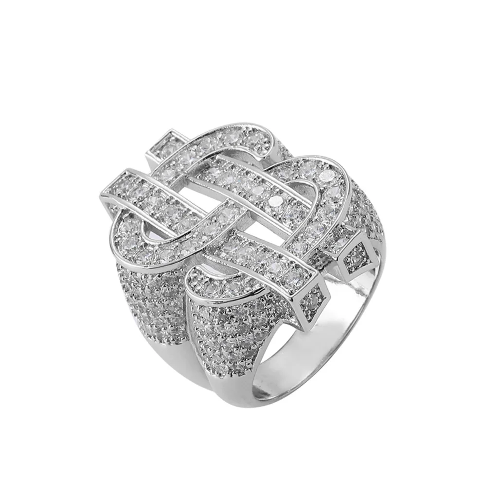 Full Diamond Dollar symbol Finger Ring for Men Iced out with Real Gold Plating Hip Hop Big Size ring jewellery