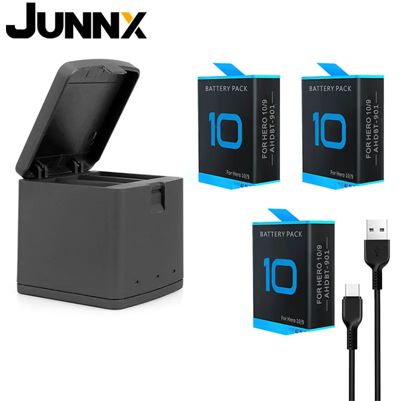 JUNNX 3 Channel Type-C Storage Box 3PCS Battery Quick Charger Cargador Baterias para Go Pro for Gopro Hero 10 9 Battery