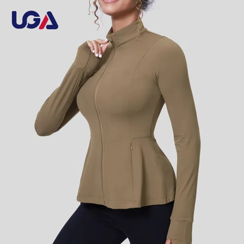 New Style Custom Women Long Sleeve Side Pocket Sports Running Jacket Zipper Ruffle Hem Slim Workout Yoga Jacket