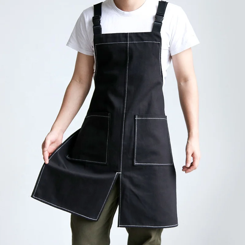 DUOLAI Wholesale Custom Logo Restaurant Bar Shop Cafes Cleaning Chef Apron Kitchen Canvas Aprons With Pocket For Men