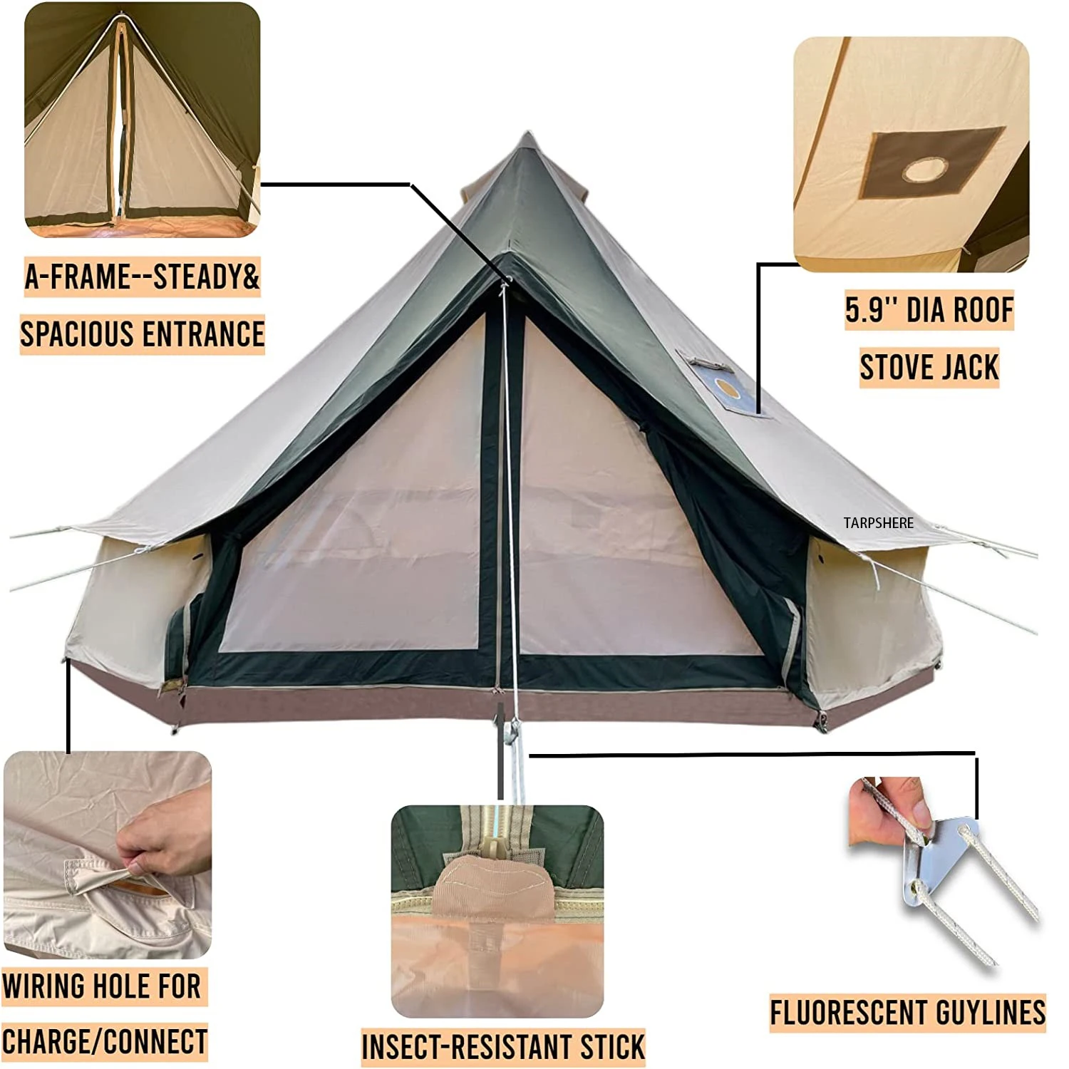 outdoor green all weather canvas bell tent with roof stove jack waterproof 4 season yurt wall tents family camping 4-6 person