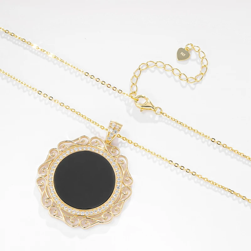 Brilliant Real 14K Solid Gold Pendant CZ Stones Halo Cubic Zirconia Black Onyx Circle necklace with 925 Silver Link Chain