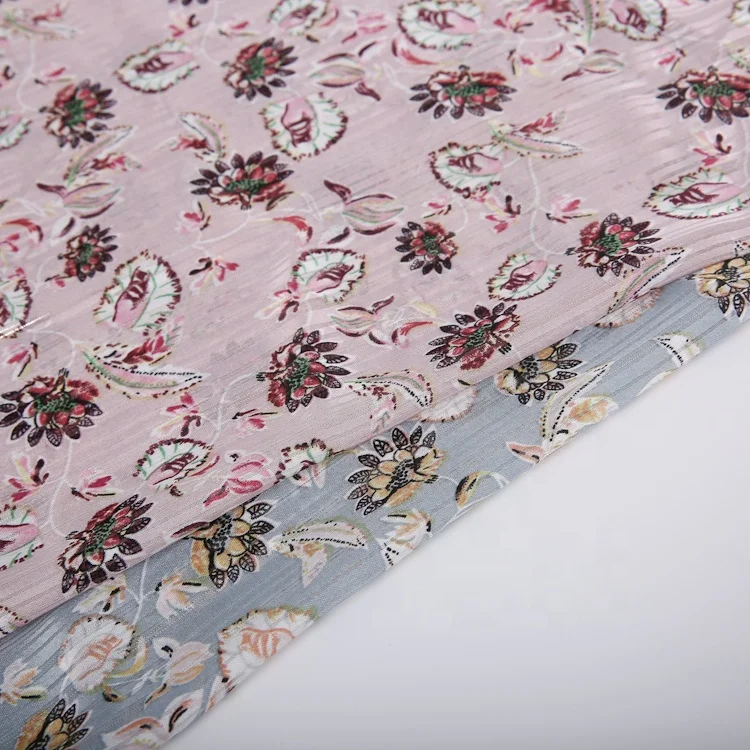 Polyester floral printed silver lurex glitter crinkle crepe chiffon fabric for women dress korean textile wholesale