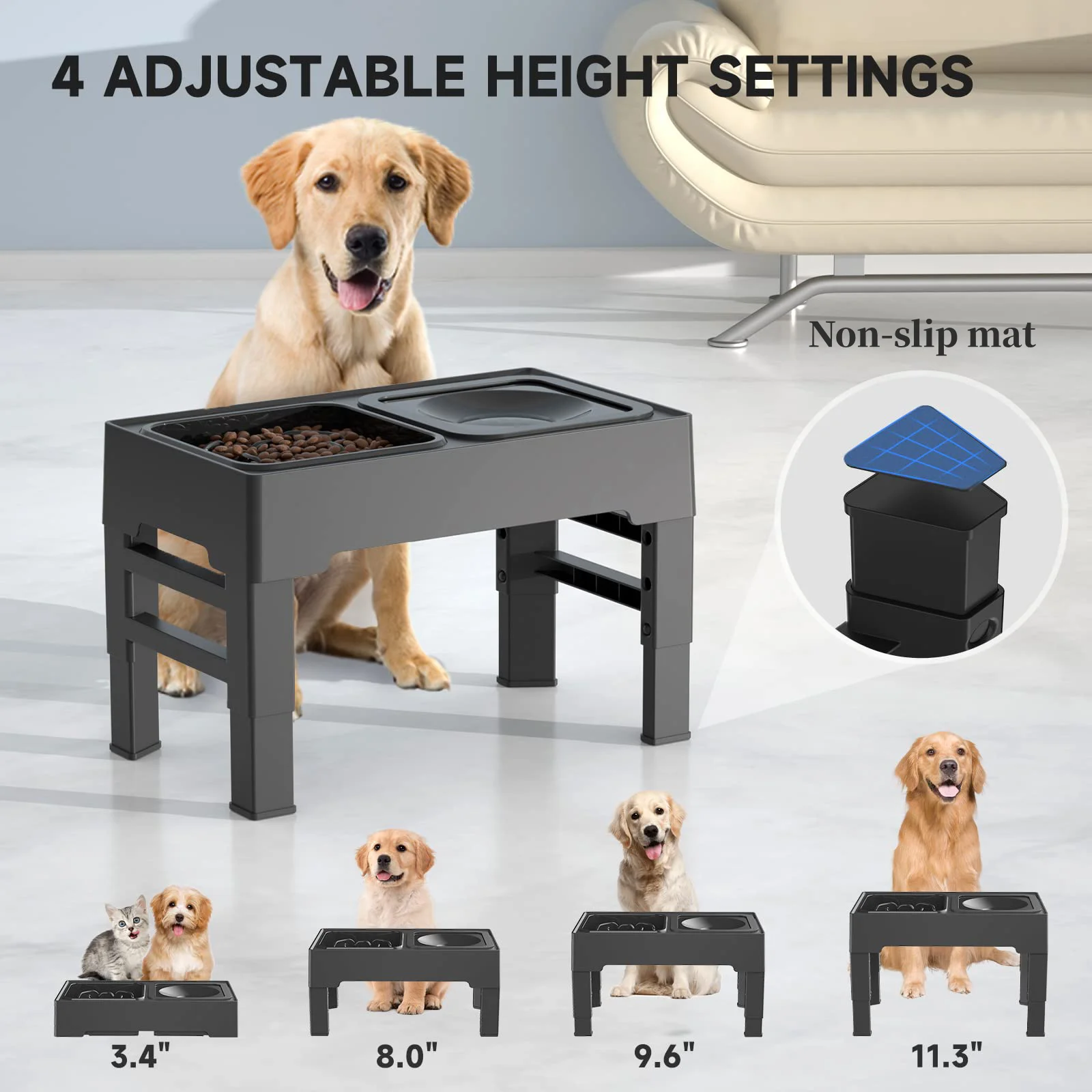 Custom Collapsible Pet Food Table 4 Height Adjust Raised Mess Free Dog Feeder Slow Elevated Dog Bowls