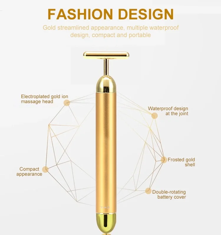 OEM Energy Beauty Bar 24K Gold Vibrating Pulse Facial Massager Electric Golden Firming Skin Care V Face T Shape Vibrator