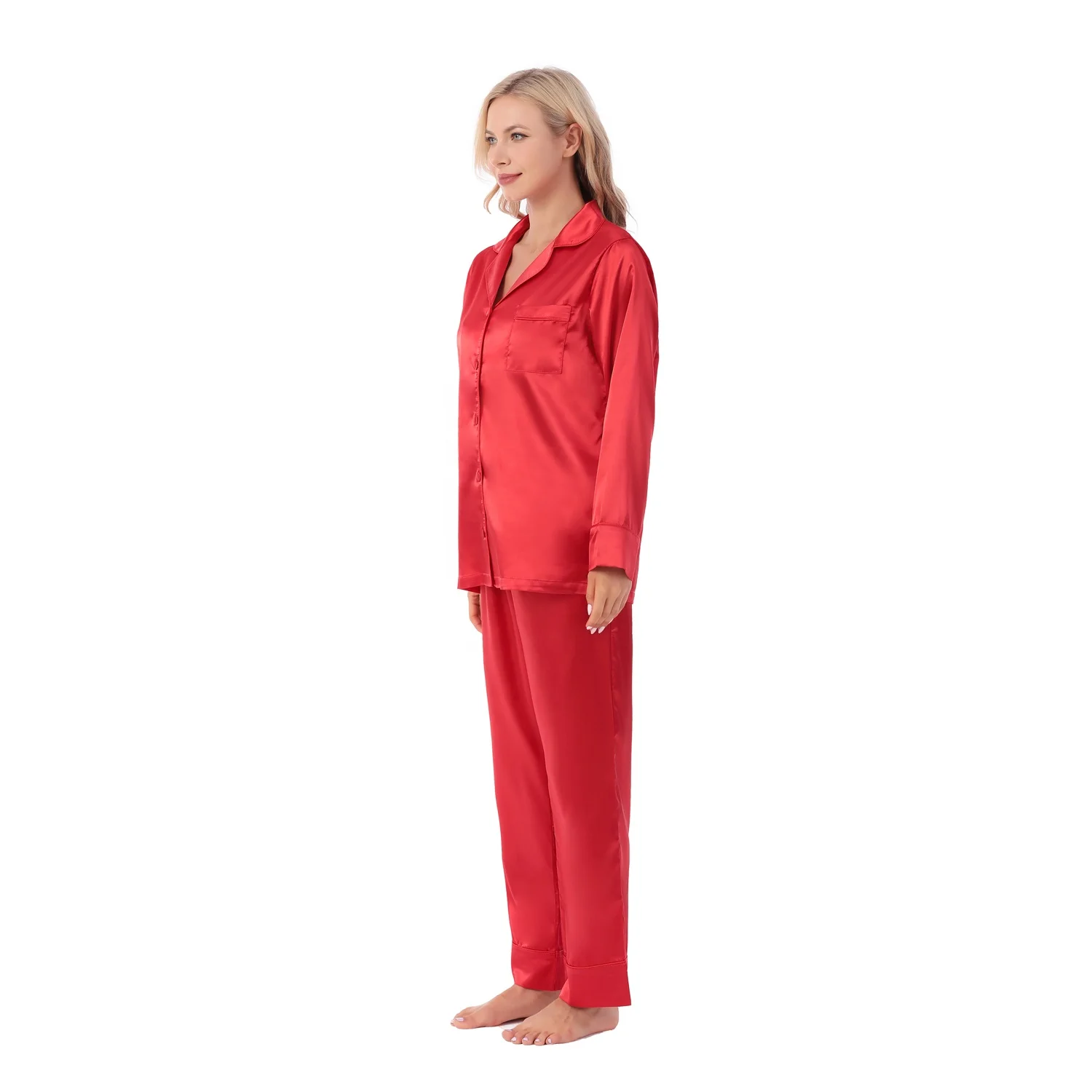 New Style Women Silk Satin Long Sleeve Pajamas Set with Same Color Piping and Buttons