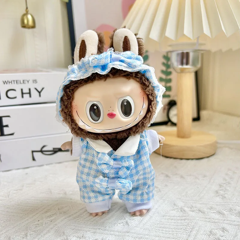 2296 17cm Pendant Blind Box Doll Plaid Baby Pajamas Cute Dress Outfit Clothes Only Labubu With Lapel