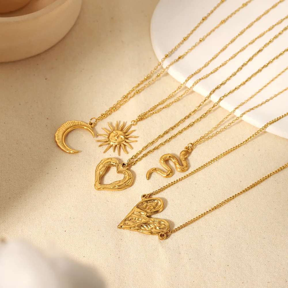 Minimalist Non Tarnish Gold Plated Stainless Steel Choker Necklace Waterproof Sun Heart Snake Moon Pendant Necklace For Women