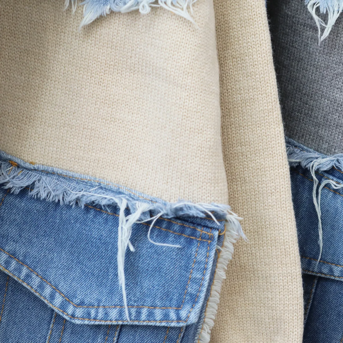 ZHEZHE 2024 New Arrivals Ready To Ship Winter Warmly Thick Sweaters Patchwork Denim Jeans Coats