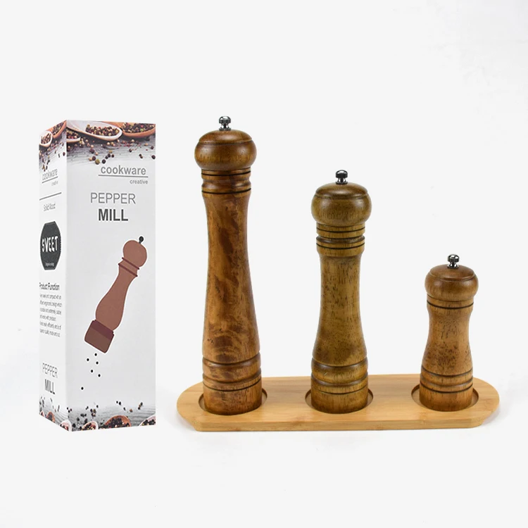 Hot Selling Wood Bottle Salt And Pepper Grinder Set With Bamboo Tray