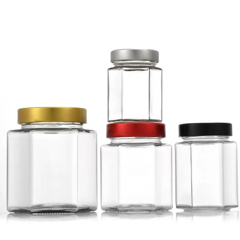 New Hexagonal Unique Promotional Various Sizes Airtight Glass Storage Jar Glass Honey Jar 100ml 180ml 280ml 380ml 500ml