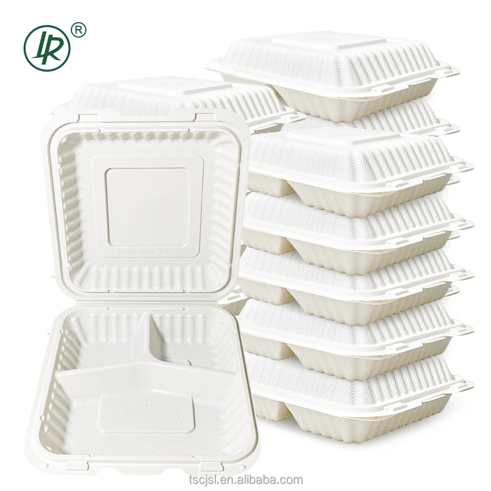 LR 7*7 Inch 3 Compartments BPA Free Disposable Clamshell Togo Lunch Box Plastic Large Hinged Lid Take Away Food Container
