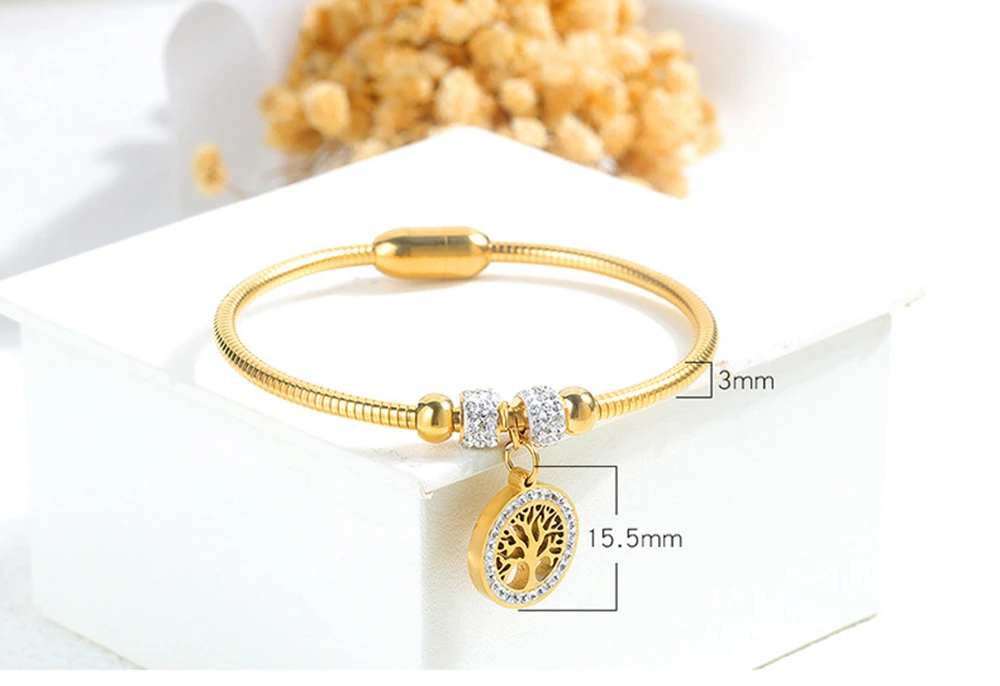 Fashionable Stainless Hollow Tree Of Life  Diamond And Magnetite Titanium Steel Bracelet Bangle