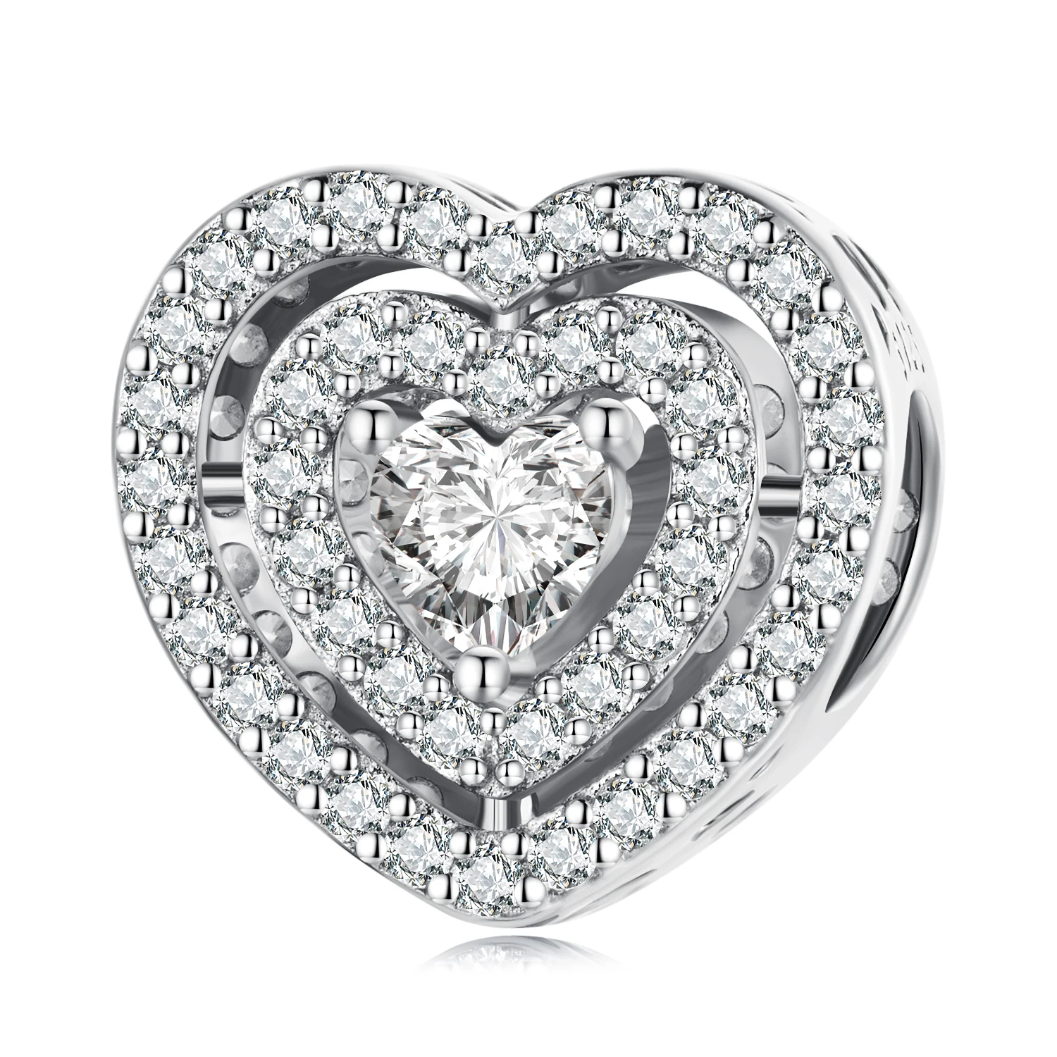 Simple Sparkling Heart Beaded 925 Sterling Silver Pave Zirconium Plated White Gold Heart Loose Bead Accessories