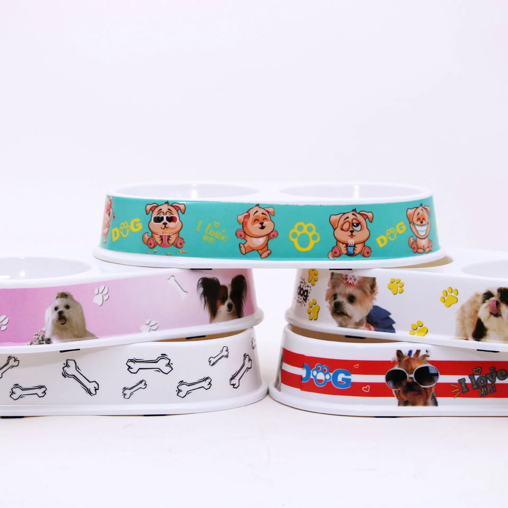 Premium Quality Colorful Melamine Printed  Round Double Dog Bowl Plastic Pet Food Bowl