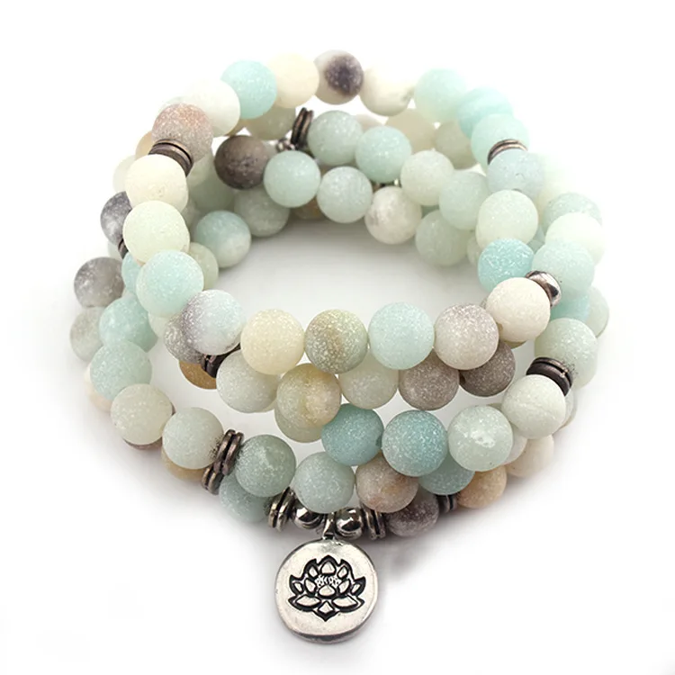 High Quality Matte Amazonite108 Mala Beaded Bracelet Necklace New Design with Lotus Charm for Yoga and Fashion Jewelry