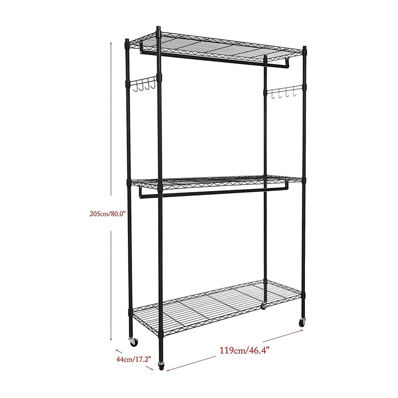 Garment Storage Shelf Clothing Rack with Double Clothes Hanging Rods and Lockable Wheels