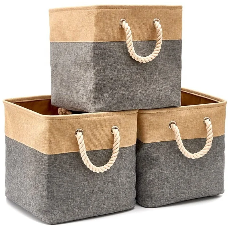 High Quality 3 Pack Cotton Linen Collapsible Toy Storage Box Fabric Storage Basket with Rope Handles