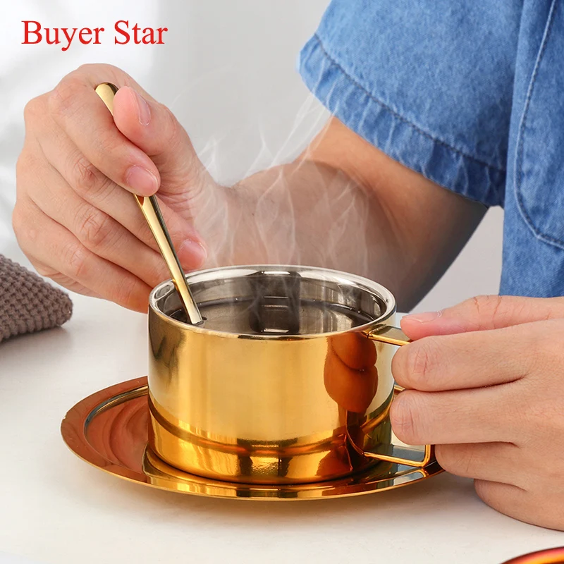 High quality stainless steel coffee cup Gold plated Milk tea coffee Mug Espresso cup with saucer