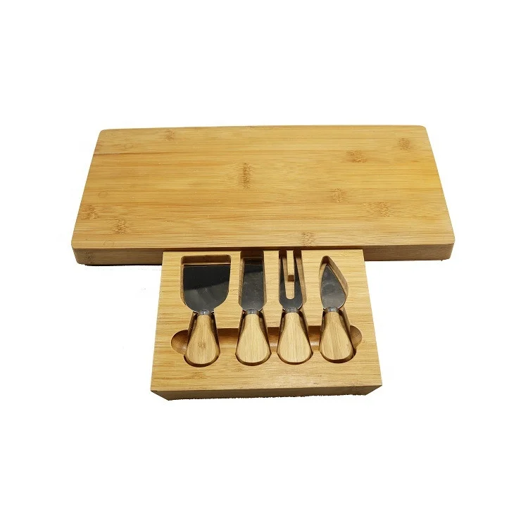 
Bamboo Cheese Serving Board and 4 Pieces Cheese Knife with Slide-Out Drawer 